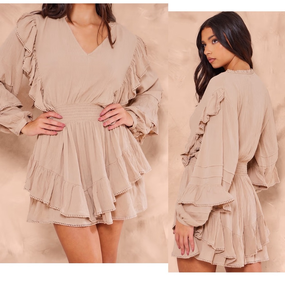 PLT Beige Ruffle V-Neck Mini Dress